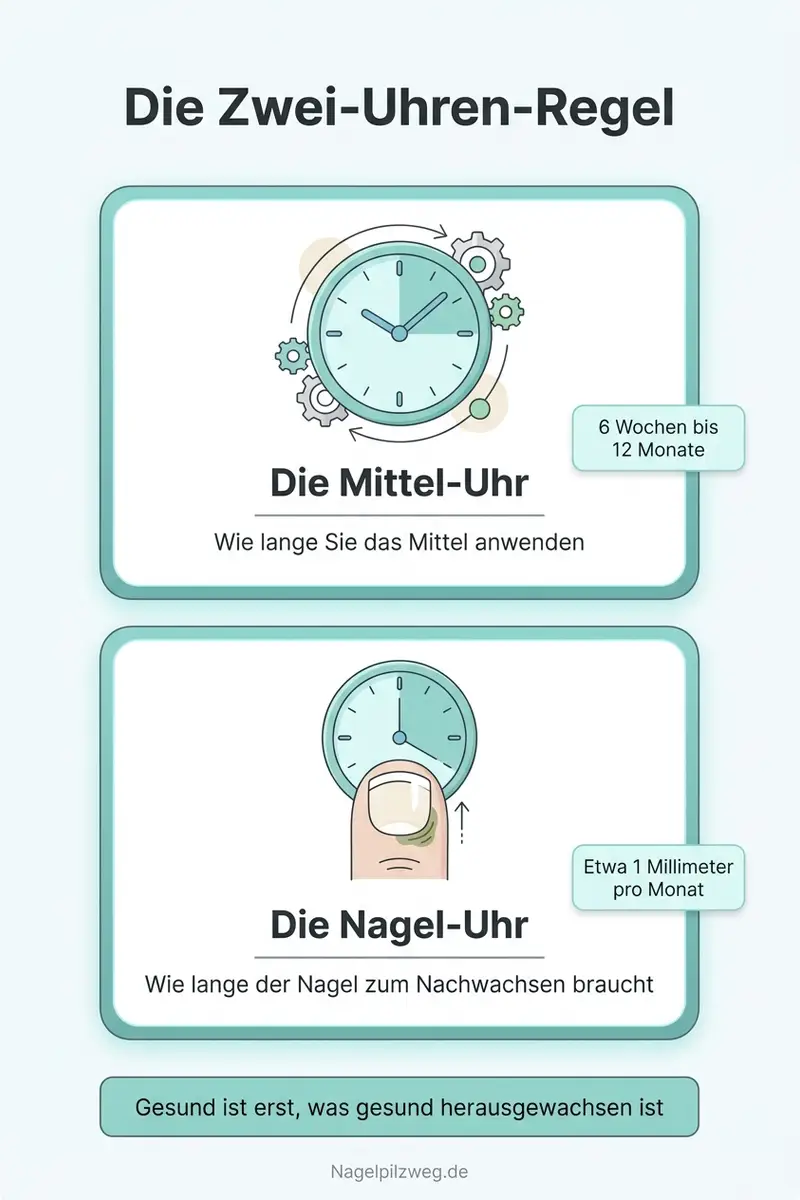 Infografik: Die Zwei-Uhren-Regel der Nagelpilz-Behandlung
